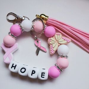 Handmade Hope Breast Cancer Awareness Silicone Focal Bead Wristlet Keychain